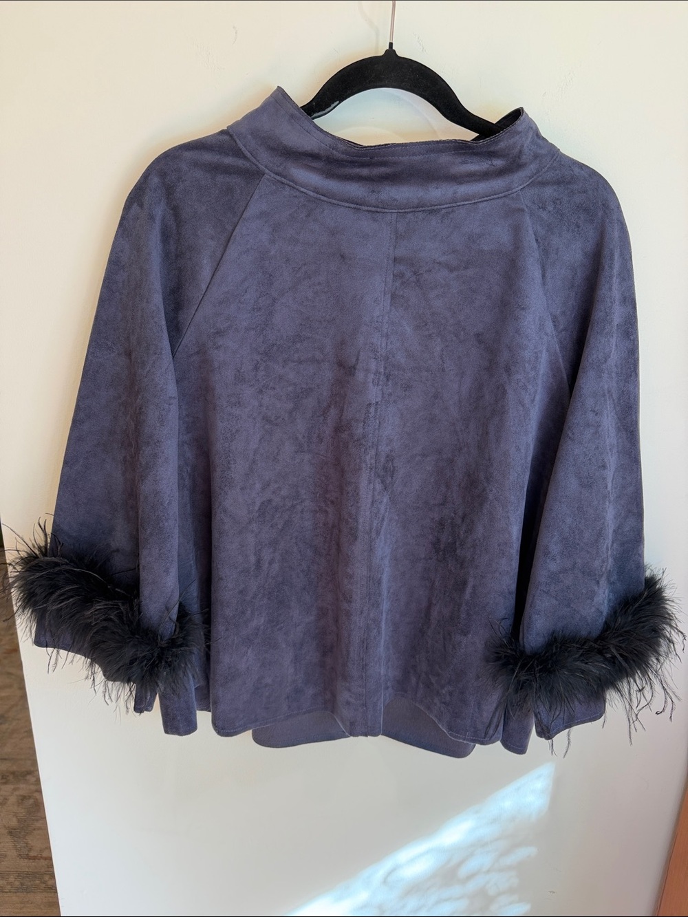IC Collection Blue Suede Feel Top with Black Feather Accents, M